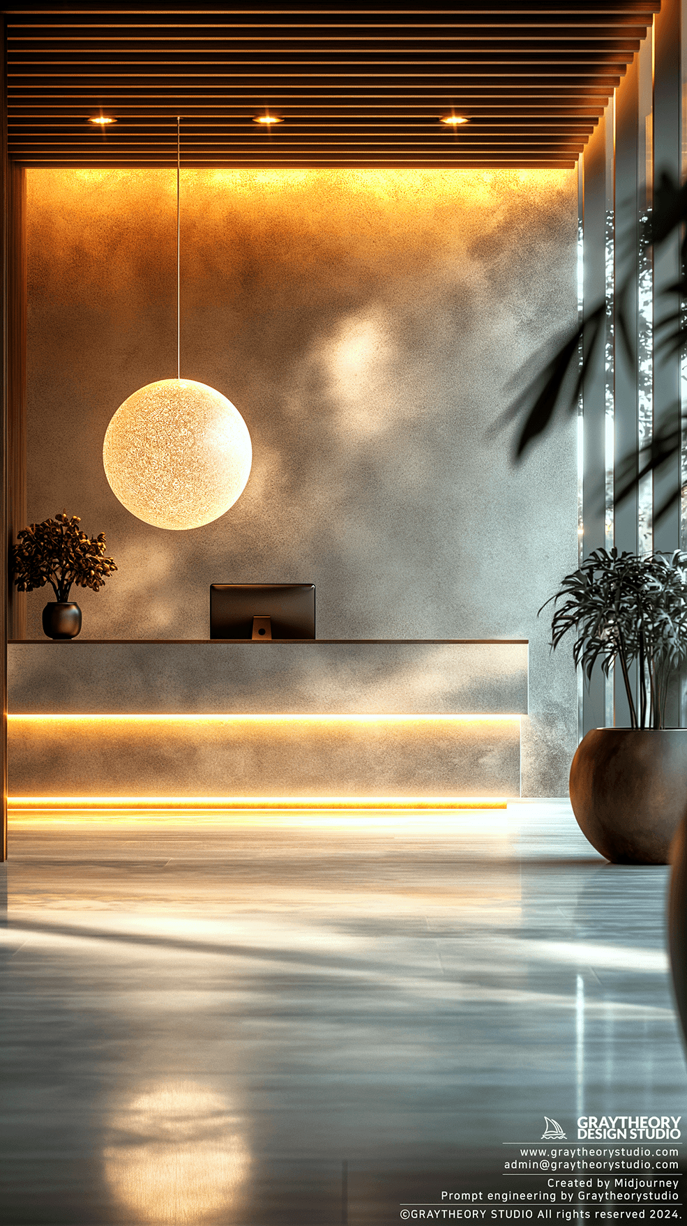 AI generated: office simple reception desk, Leica SL2, chic pendant light, soft glow of indirect lighting, illumin...