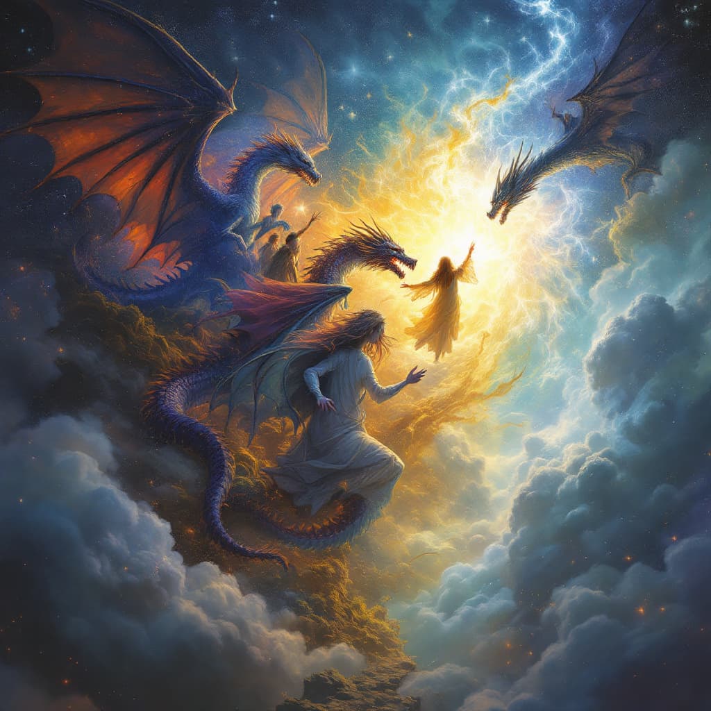 AI generated: a mystical 7th heaven with dragons and elders 
