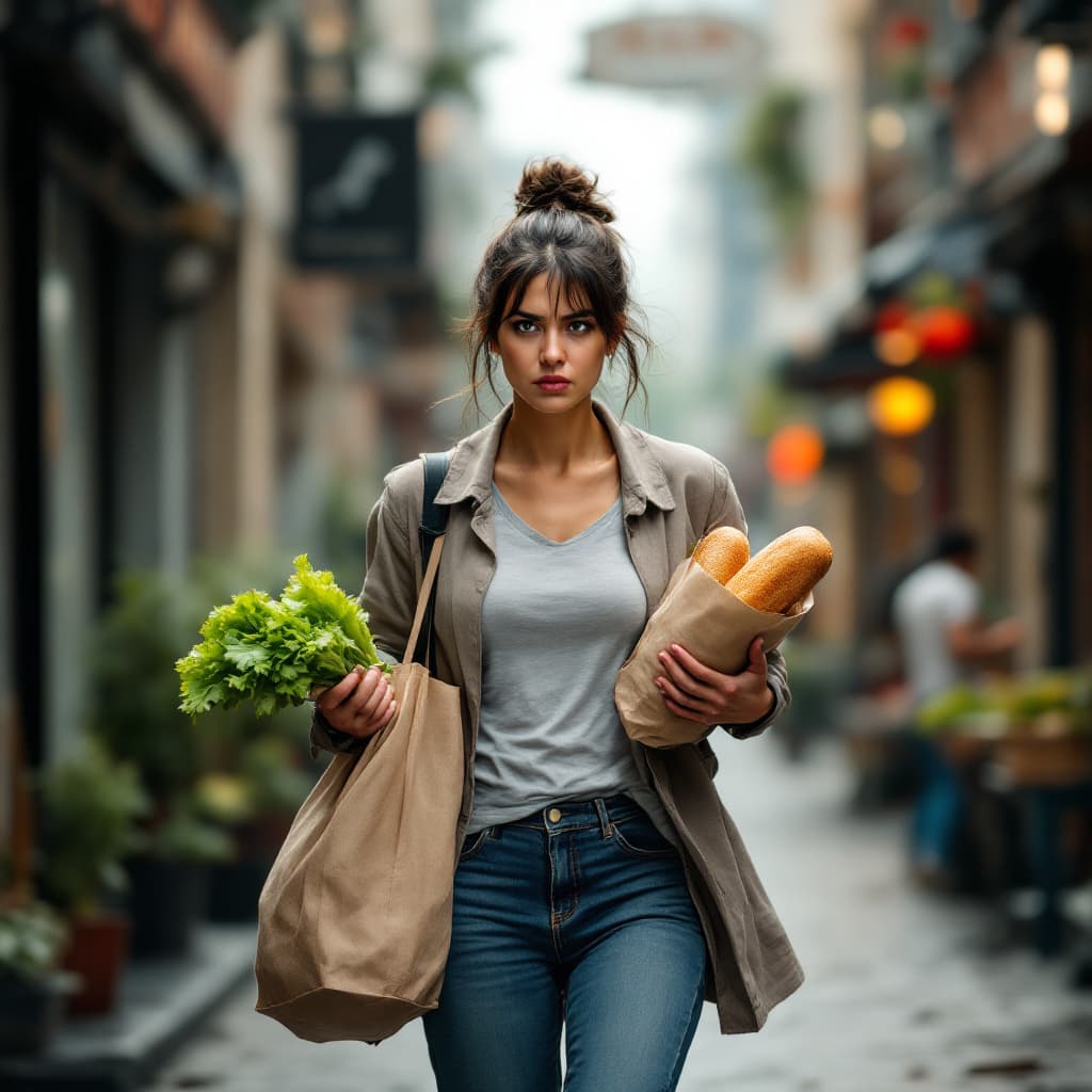 AI generated: Image of a woman walking down the street, her facial expression indicates that she is in a hurry and...