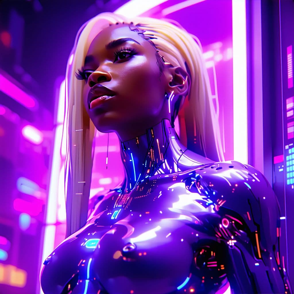 AI generated: Woman with brown skin, blonde hair and curvy, futuristic, neon purple lights, hourglass body, detail...
