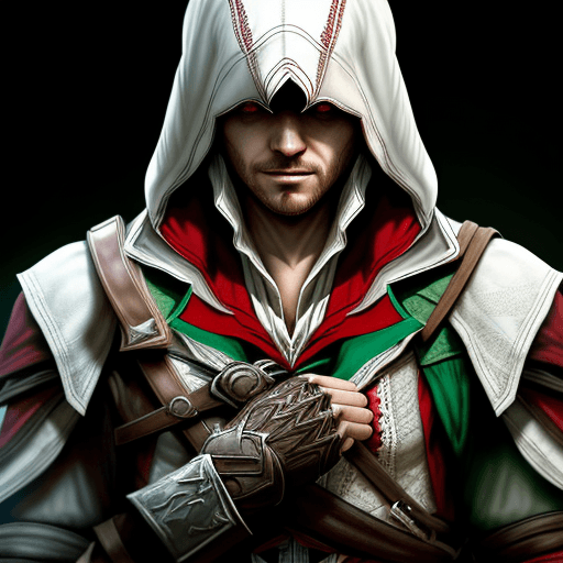 AI generated: assassin's creed video games, in the style of dark white and light maroon, exaggerated facial featur...