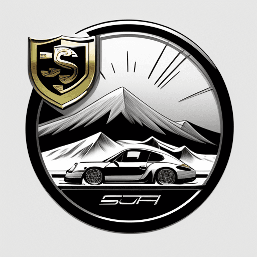 AI generated: shield logo design like Porsche logo, embedded with sun rays, snow mountains and water wave, line dr...