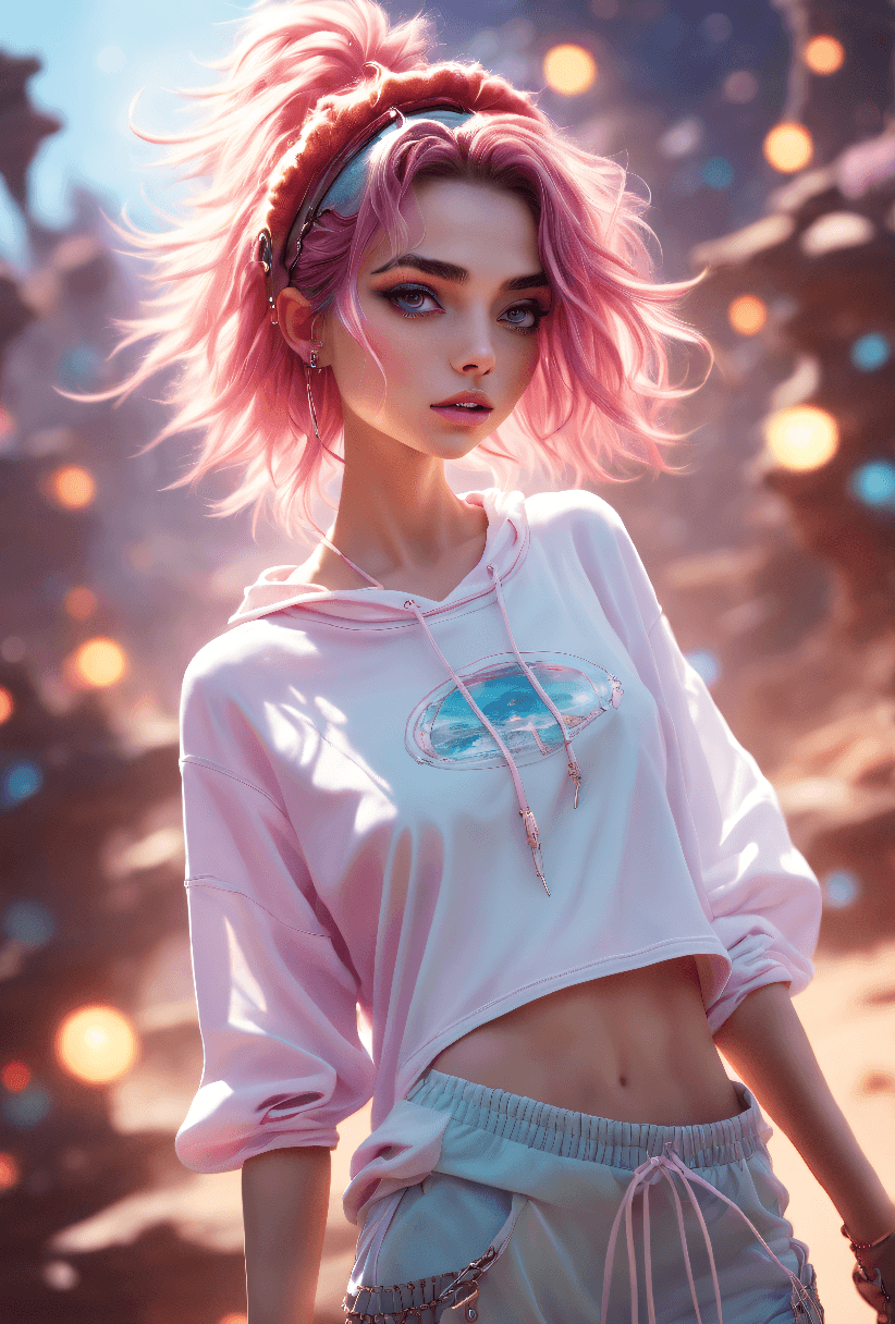 AI generated: dreamscape beautiful young, thin, fit, short messy hair, intrincate details, baggy pants, t-shirt, (...