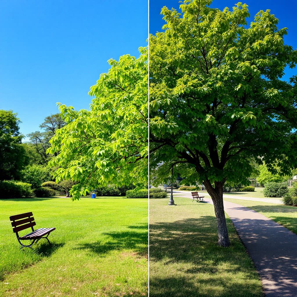 AI generated: "One photo of a single location in summer, featuring a tree, a bench, and a path, lush green foliage...