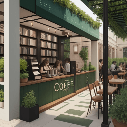 AI generated: Interior and exterior design of a coffee shop with the characteristics of adapting to books and usin...