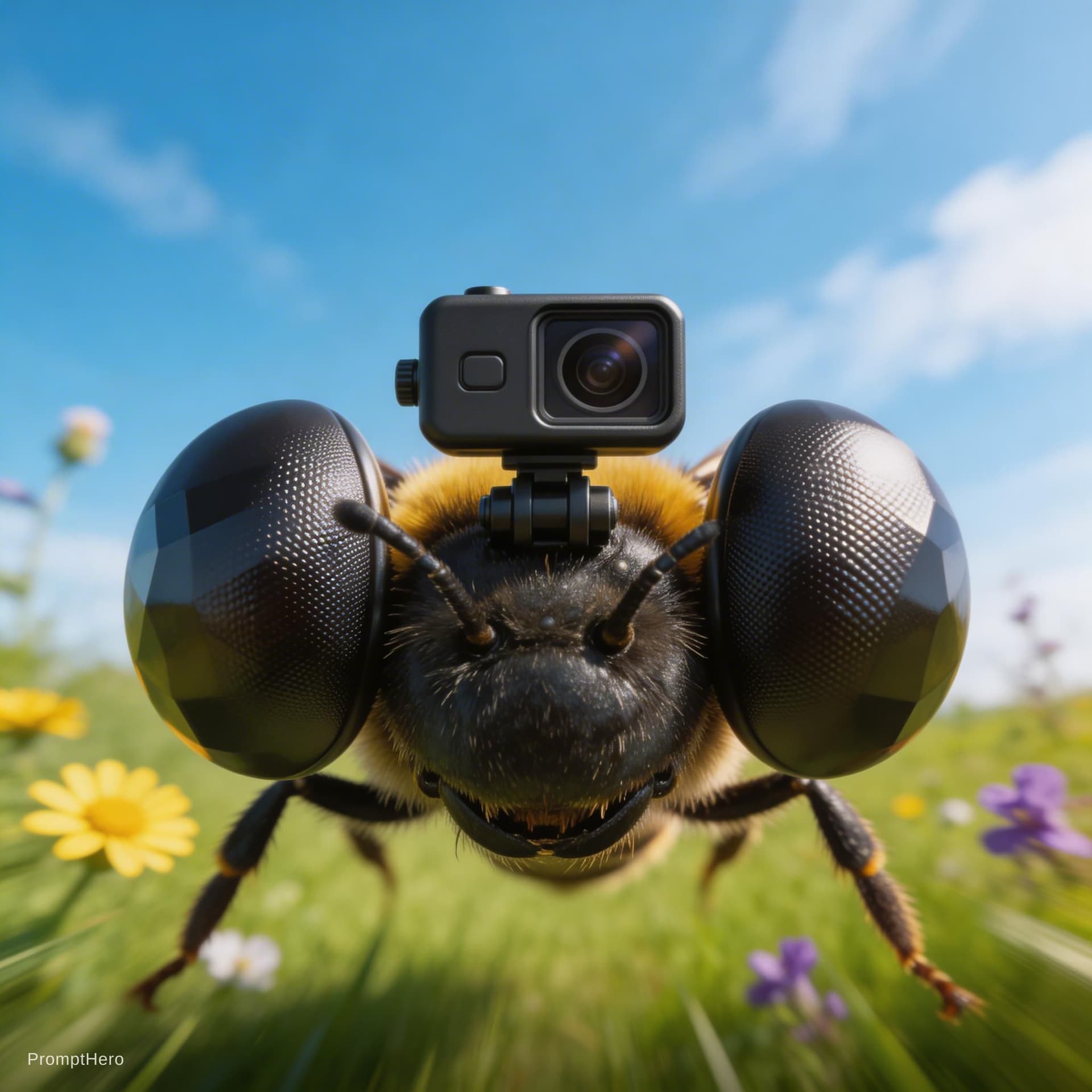 AI generated: want you to make it so that: the camera is small, mounted on the bee’s head. The bee is flying, reco...