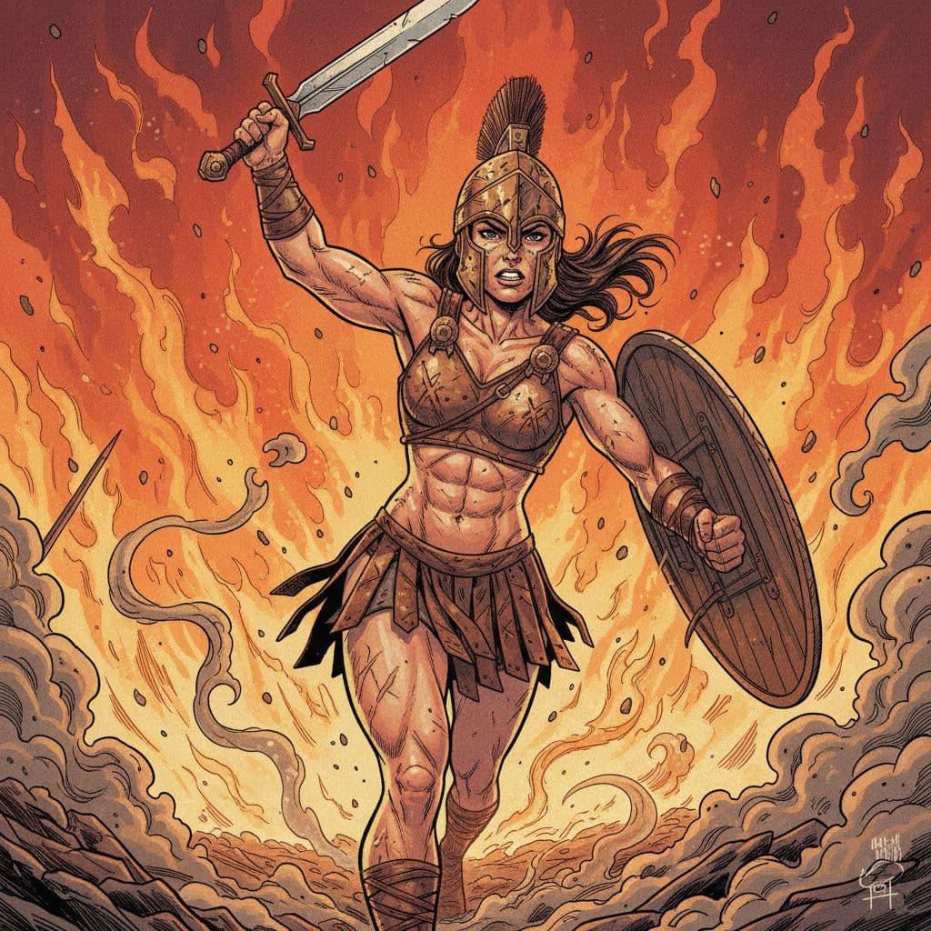 AI generated: Comic book realistic illustration, full body shot of a fierce young Spartan girl with a strong, athl...