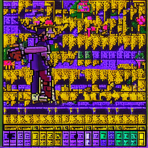 AI generated: a main character wizard with a hat and staff, dark purples and pinks, spells around, faeries, the wo...