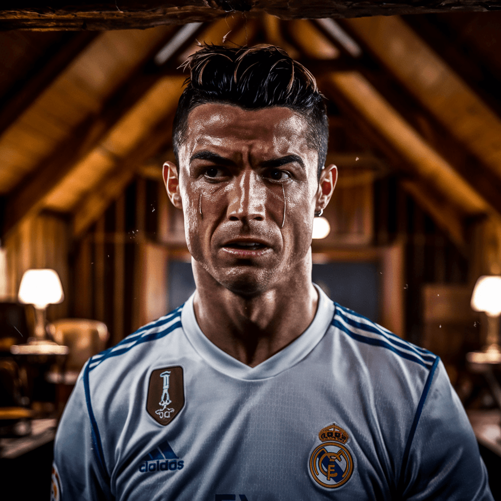 AI generated: A highly detailed and emotional close-up of Cristiano Ronaldo wearing a Real Madrid jersey, standing...