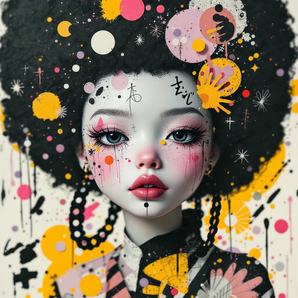 AI generated: A mixed media collage featuring Chul-su doll from Squid game serie netflix figure adorned in vibrant...