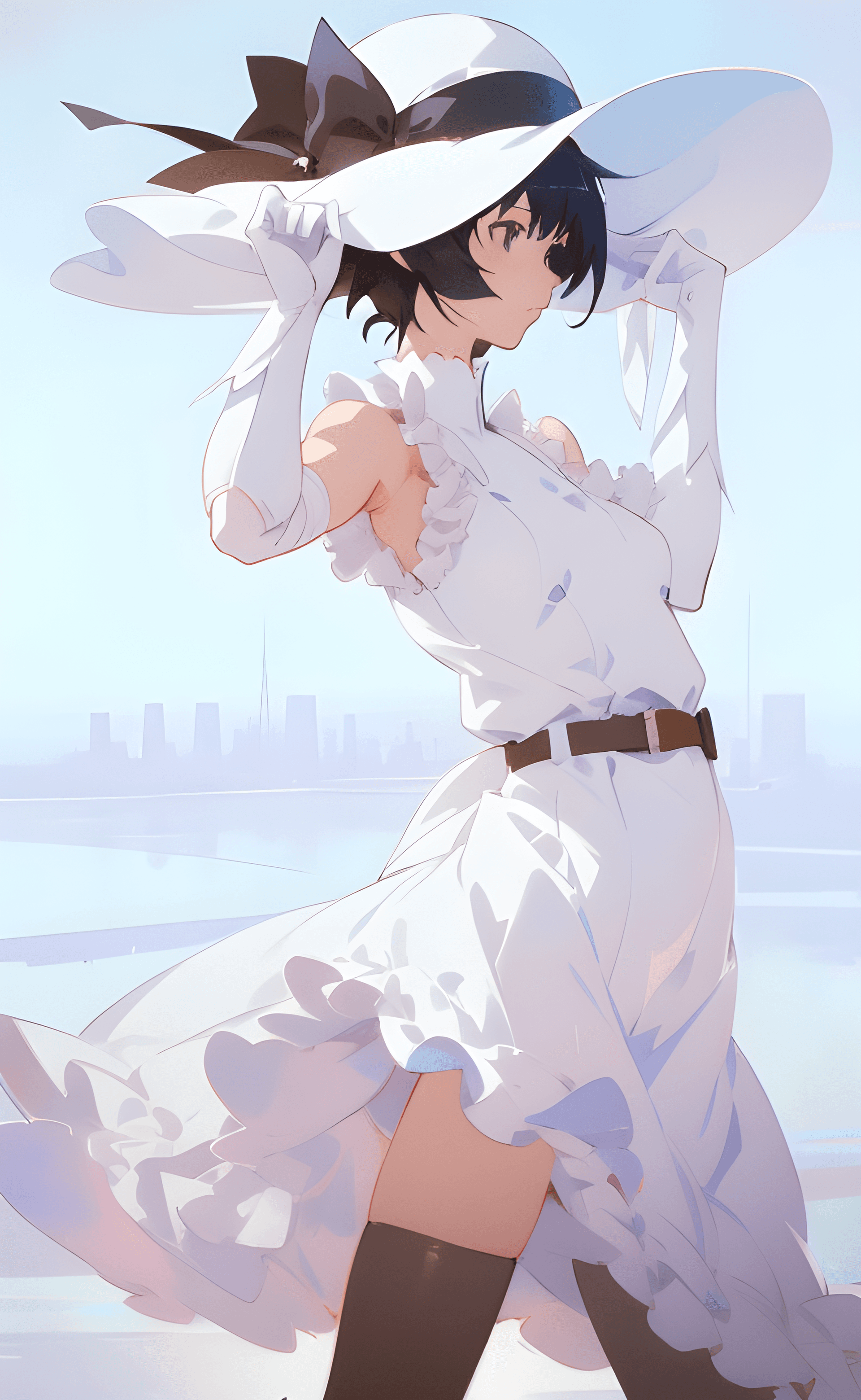 AI generated: a painting of a woman in a white dress and hat, concept art, by Yamagata Hiro, pixiv, full body pict...