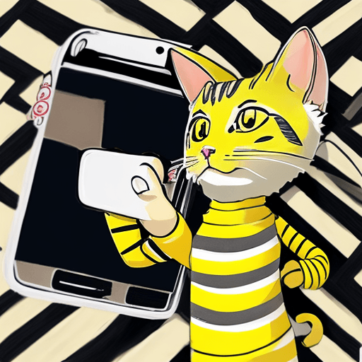 AI generated: Ghibli style, yellow and white striped cat holding up a mobile phone for a selfie