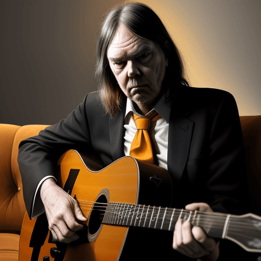 AI generated: photography, cover shoot, dimly lit room with a hazy atmosphere, capturing Neil Young professional m...