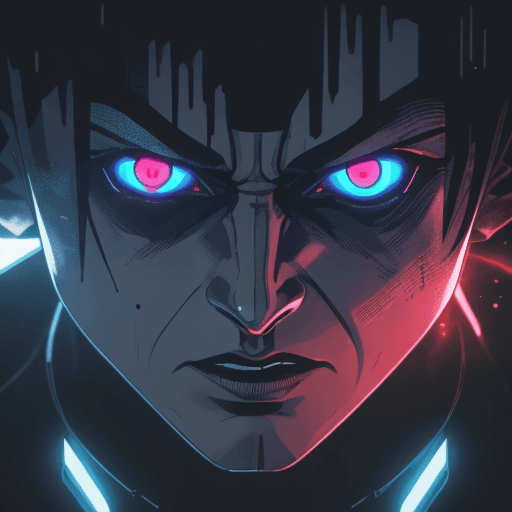 AI generated: frank miller illustration, anime, Arcane, bladerunner, villain frontal facial close up uplit from a ...