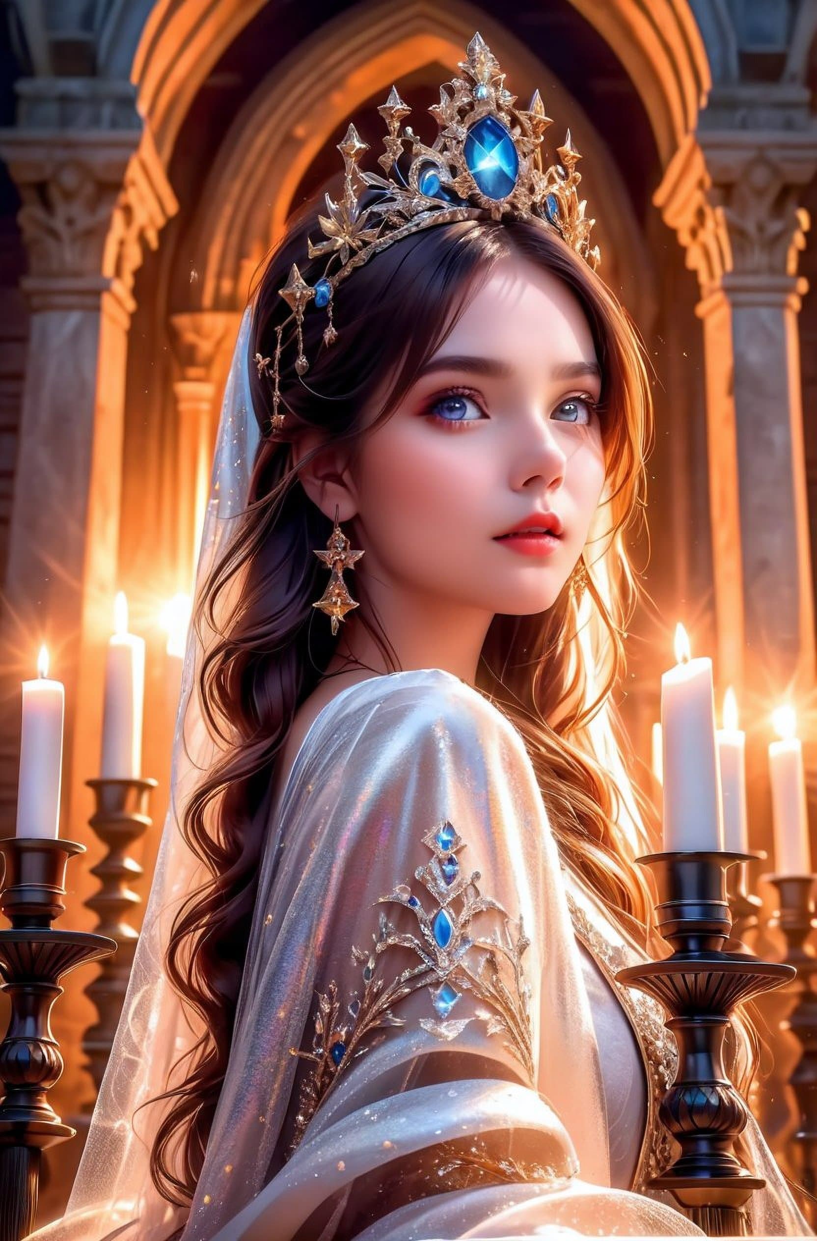 AI generated: beautiful girl in a scary dark castle, (with a candle in her hands:1.3), a lot of cobwebs, (symmetri...