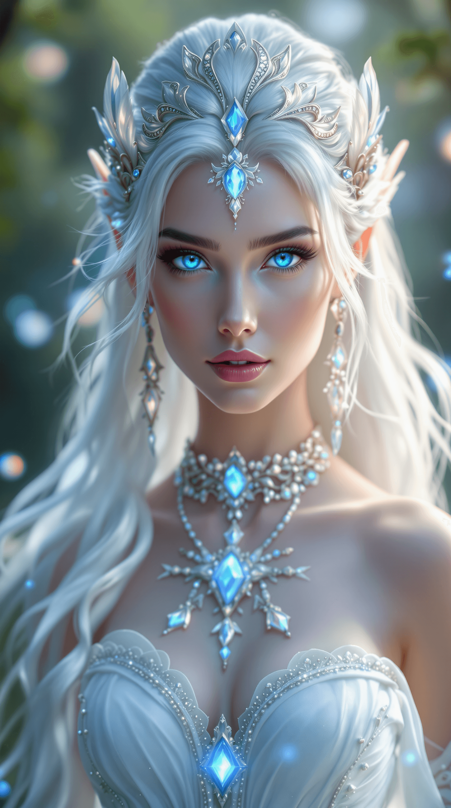 AI generated: A mesmerizing portrait of an ethereal elven queen, radiating beauty and grace. She has flowing, silv...