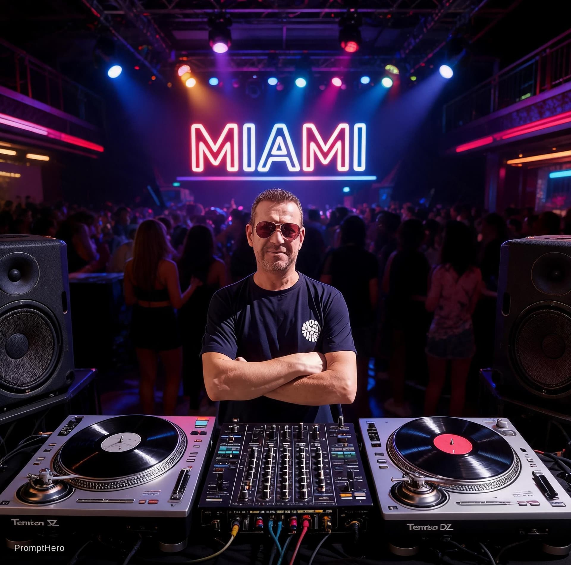 AI generated: Virtual dj mixing in front of mixer and speakers on turntables technics sl 1210 and remove backgroun...