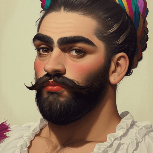 AI generated: A bearded strong handsome man, similar to a circus performer, painted in the style of Frida Kahlo, l...