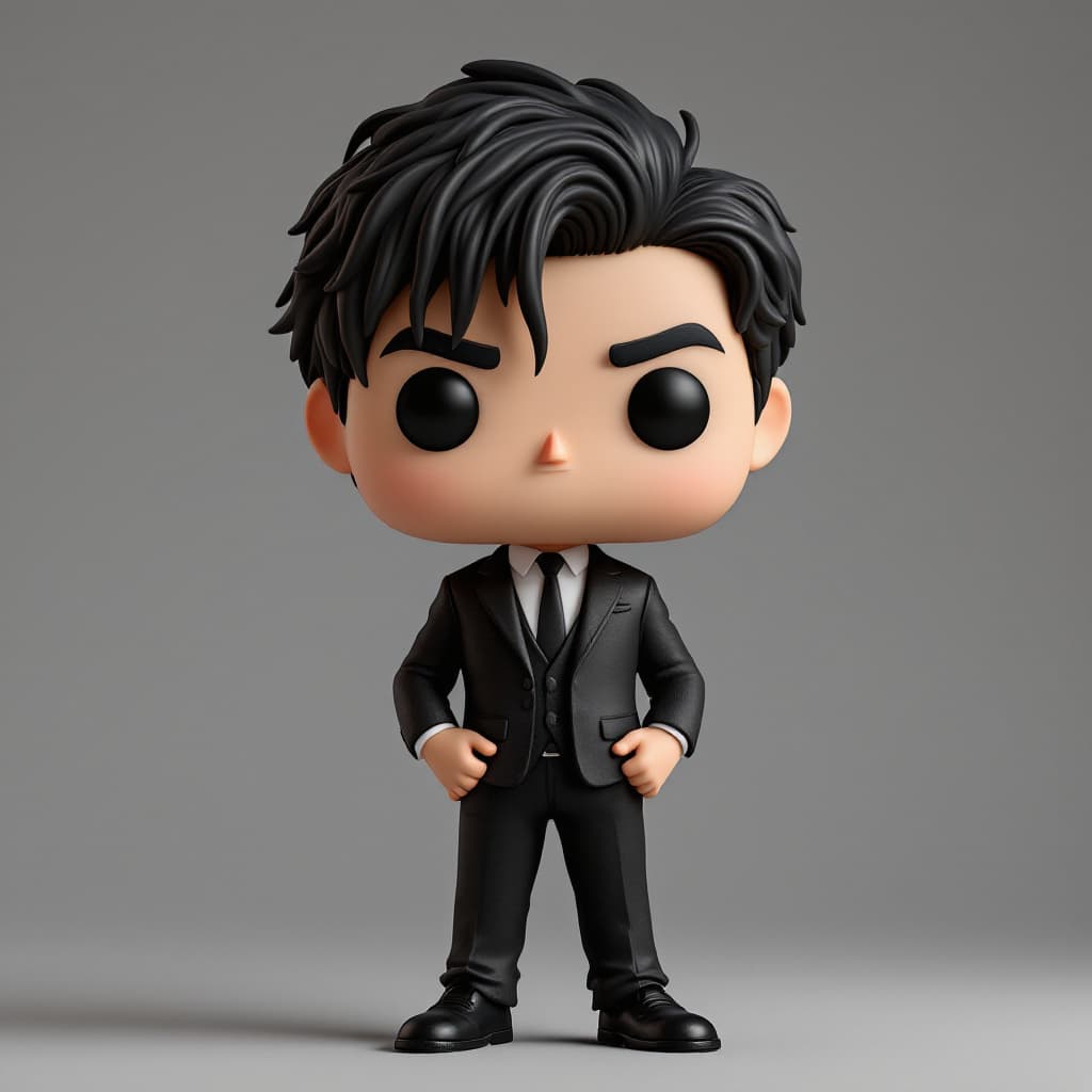 AI generated: Create a Funko of male with scarce hair and dressed in a suit black
