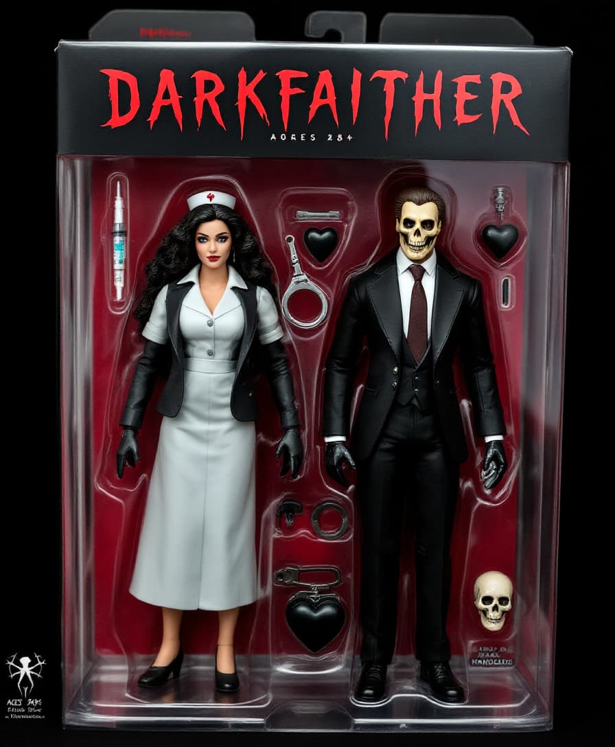 AI generated: A stylized collectible action figure in a toy package labeled "DARKFAITHER" for ages 18+, featuring ...