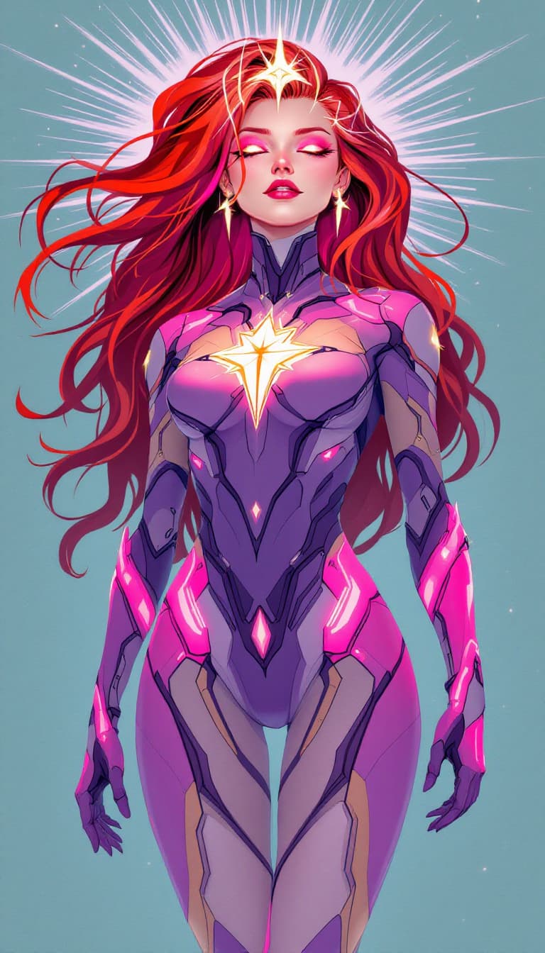 AI generated: A cybernetic female heroine with a radiant, rose quartz face, a captivating fusion of Starfire, Mera...