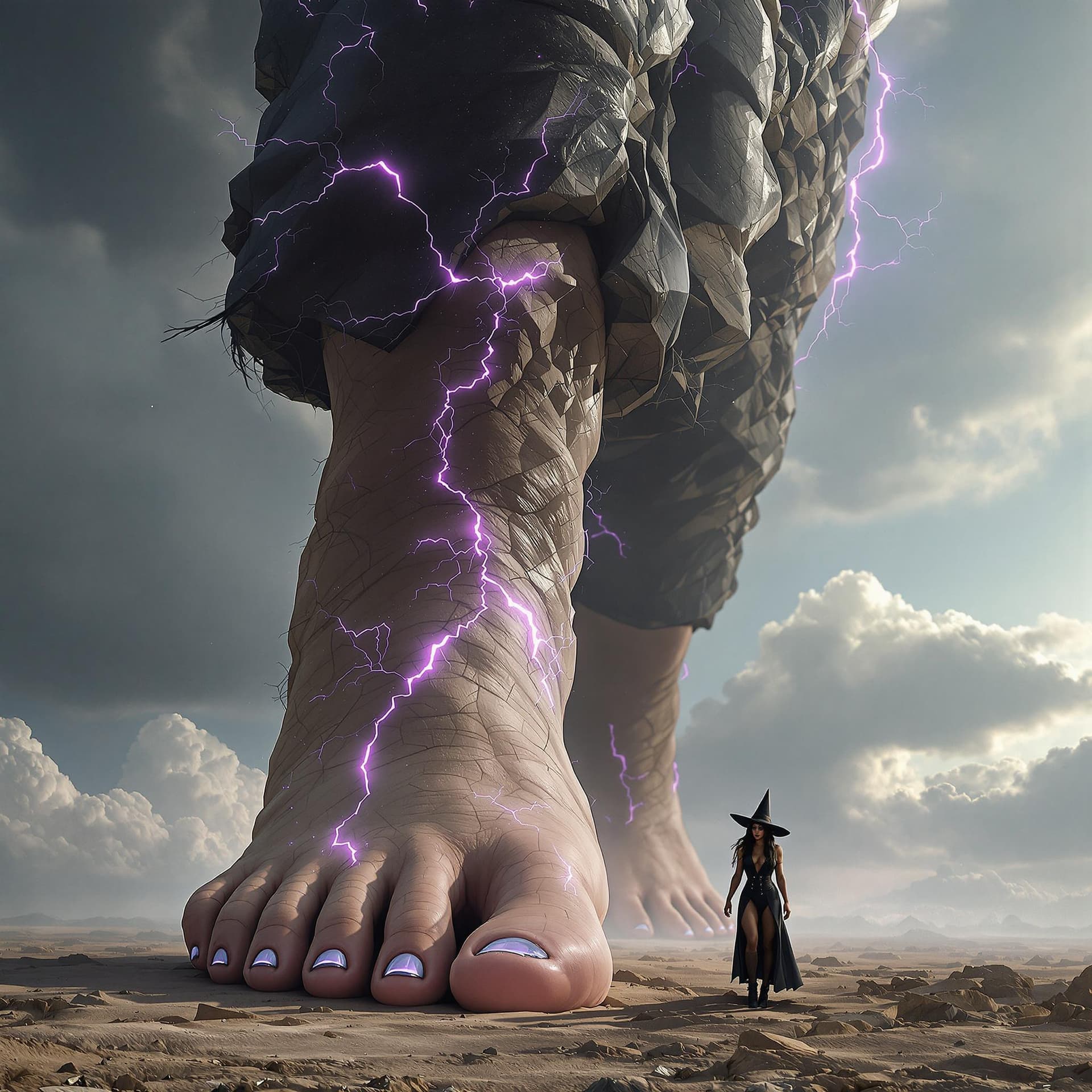 AI generated: 5 toes on foot, enormous giantess female Rhea Ripley from WWE with black medium length hair and stra...