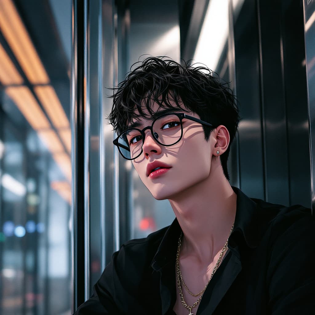 AI generated: anime male, black shirt, black eyes, ilya kuvshinov style, black hair, black glasses, urban male fan...