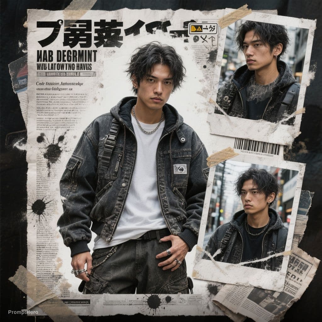 AI generated: Buat poster kolase editorial streetwear Jepang bergaya Y2K yang bold dengan estetika majalah fashion...