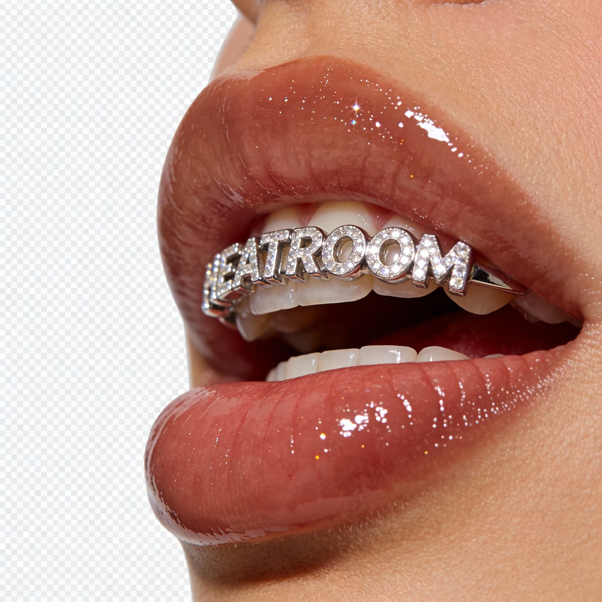 AI generated: Extreme close-up of a woman’s mouth only, no face visible. Full, thick lips with a glossy finish, li...
