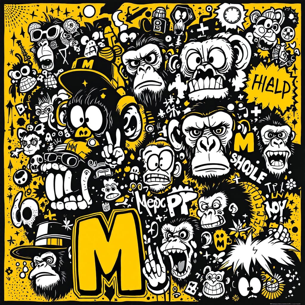AI generated: An intricate and mainly black and white, and yellow, (two contrasting, extra colors for details), gr...
