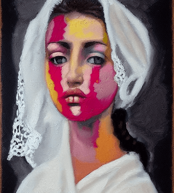 AI generated: Oil painting, high resolution 8k, Mark Rothko master painter, Byzantine artwork, 
young lady close u...