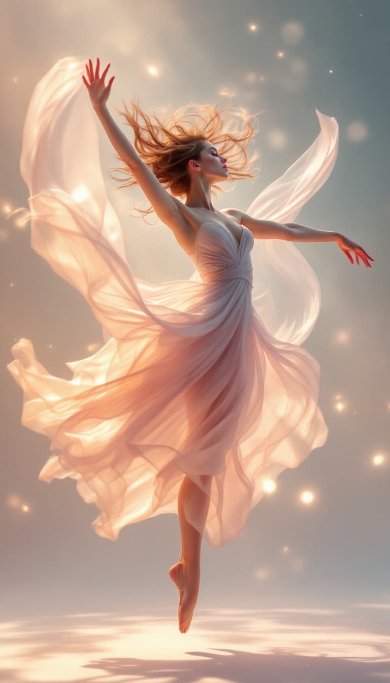 AI generated: In a surreal dance of delicate movement, the ethereal beauty is captured in this portrait of a midai...