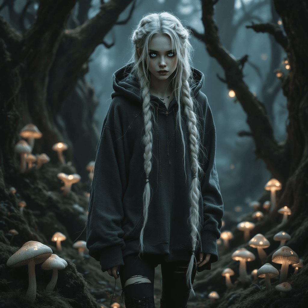 AI generated:     A mysterious girl with long, platinum blonde hair, styled in intricate braids that trail down he...