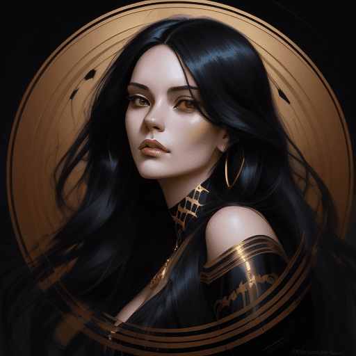 AI generated: a woman with long black hair in a gold painting, in the style of charlie bowater, dark blue and dark...