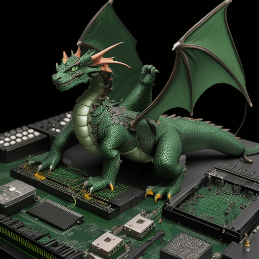 AI generated: a dragon made from circuit board tracks programming a computer using version control

