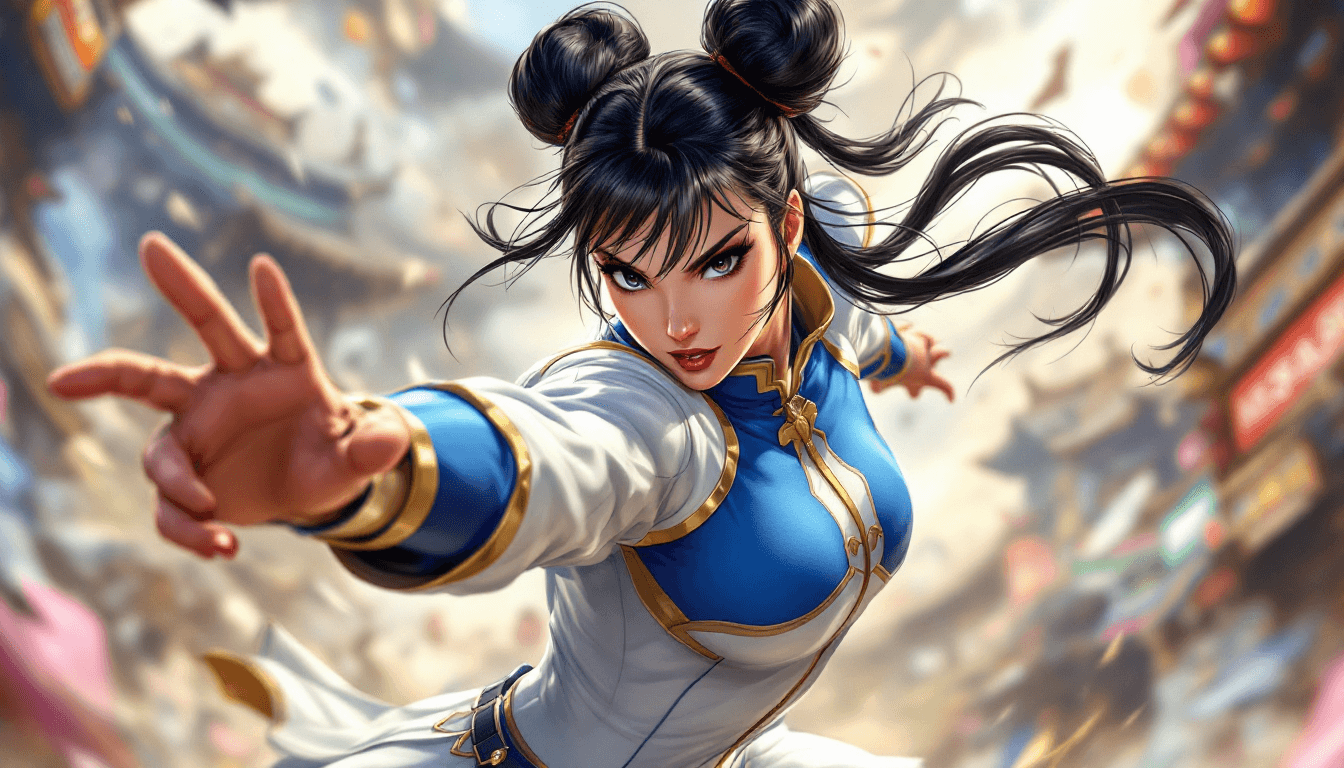 AI generated: Chun-Li, Street Fighter, blue and white outfit with gold trim, action scene fighting pose, hyper-rea...
