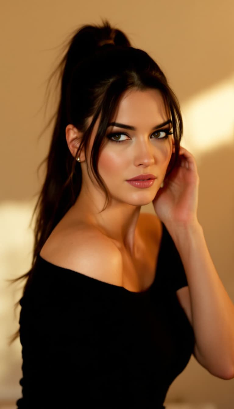 AI generated: Liv Tyler with pony tail hair, wearing an off-shoulder tightsized black knit tshirt. She gazes softl...