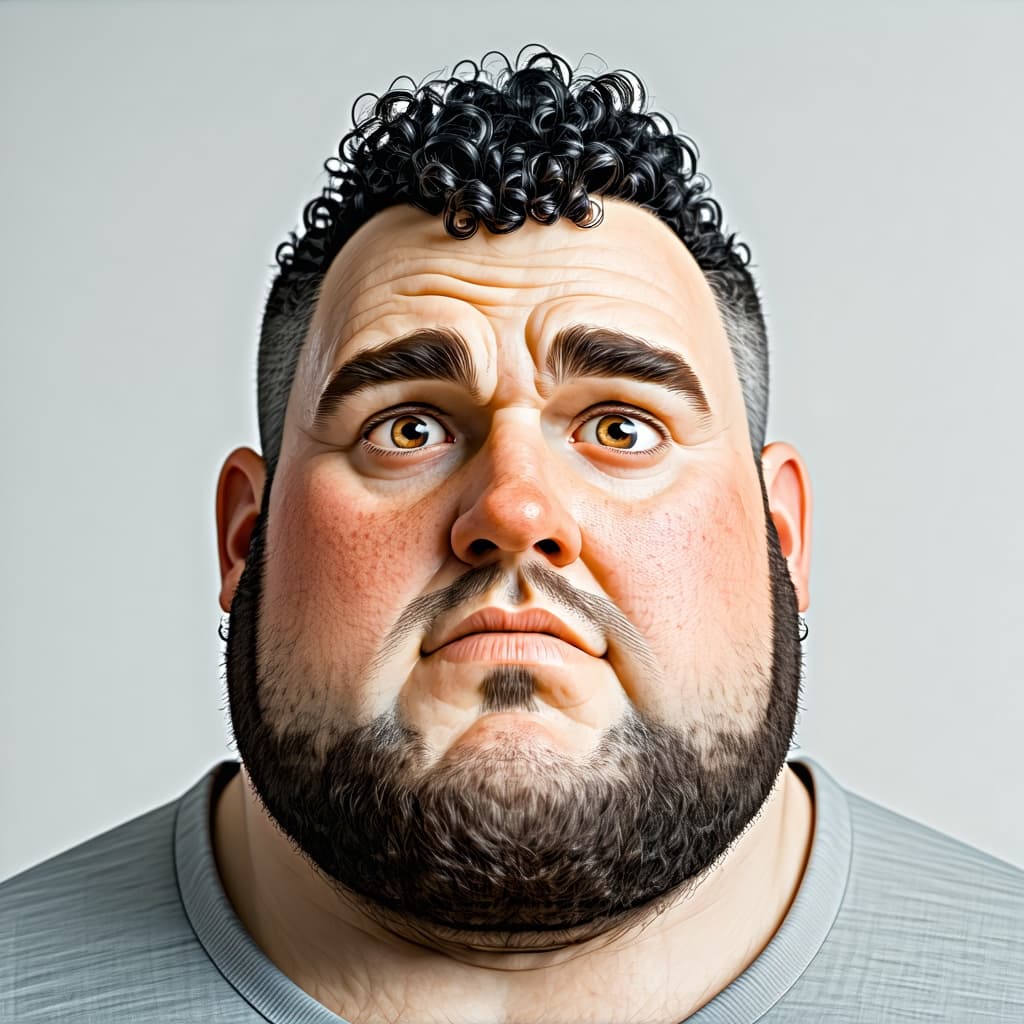 AI generated: fat man, curly hair, short hair, balding, stubble, Caucasian