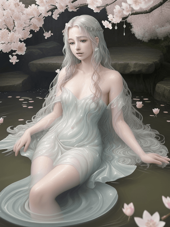 AI generated: A young water nymph floating in a pond surrounded by cherry blossoms and rain, she has a gentle, eth...
