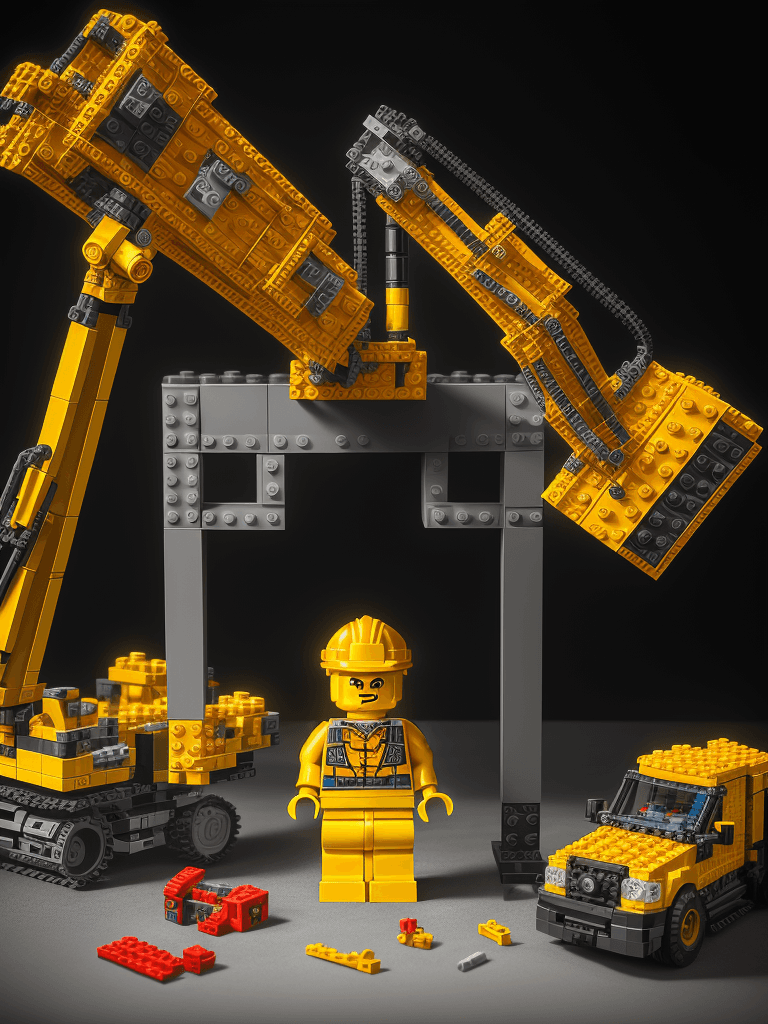 AI generated: Macro photography, Lego piece, construction worker, Lego pieces construction background, artistic co...