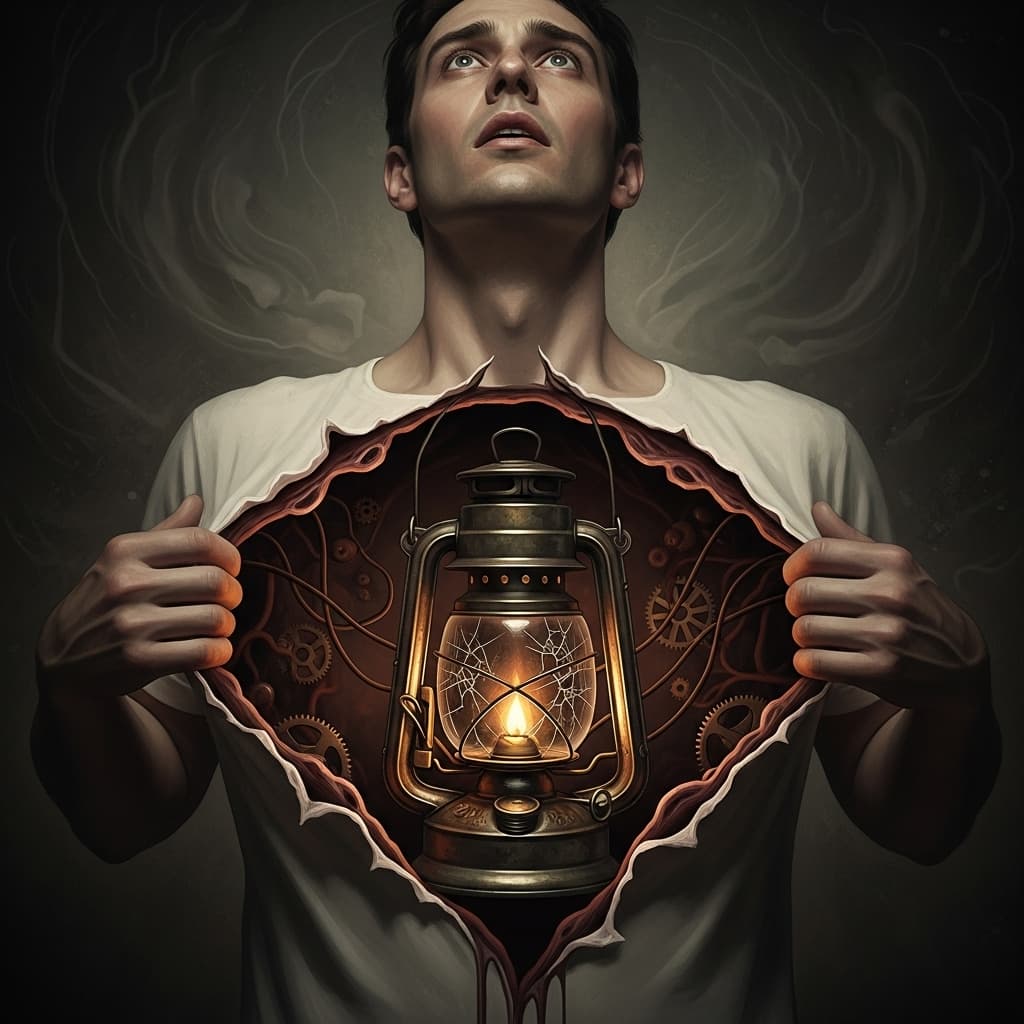 AI generated: An artistic simulation of a man holding his chest open with his hands and inside the heart is a brok...