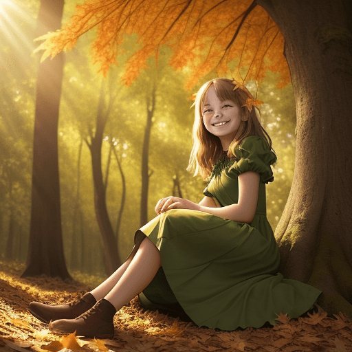 AI generated: autumn girl in a green dress sits in the autumn forest under a tree, smiles and says hello. the sun ...