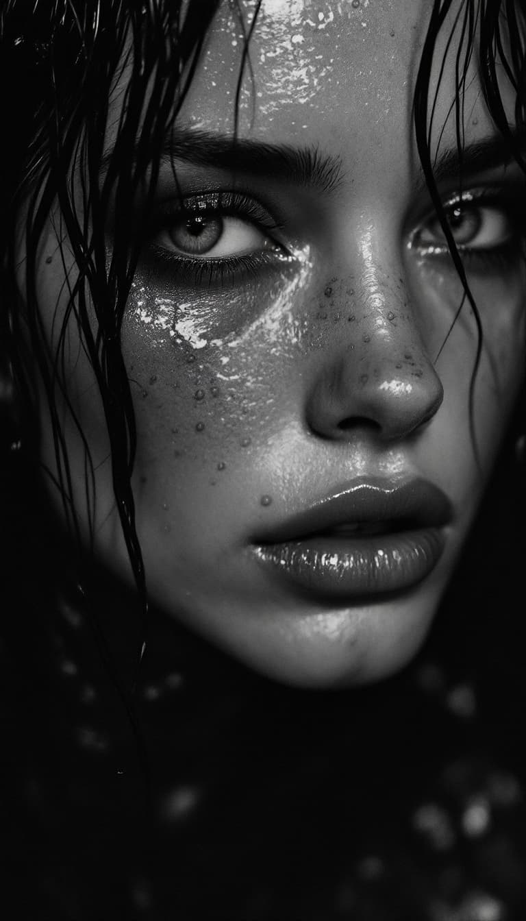 AI generated: a black and white photo of a woman in dark ooze, mert and marcus, drops, kristine froseth, carola ru...