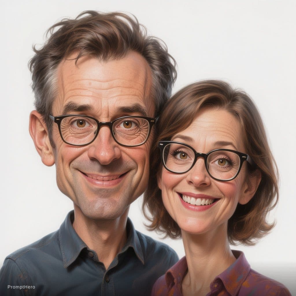 AI generated: funny caricature, adult man and woman (input Image), mid-30's, big cartoonish head, exaggerated cari...