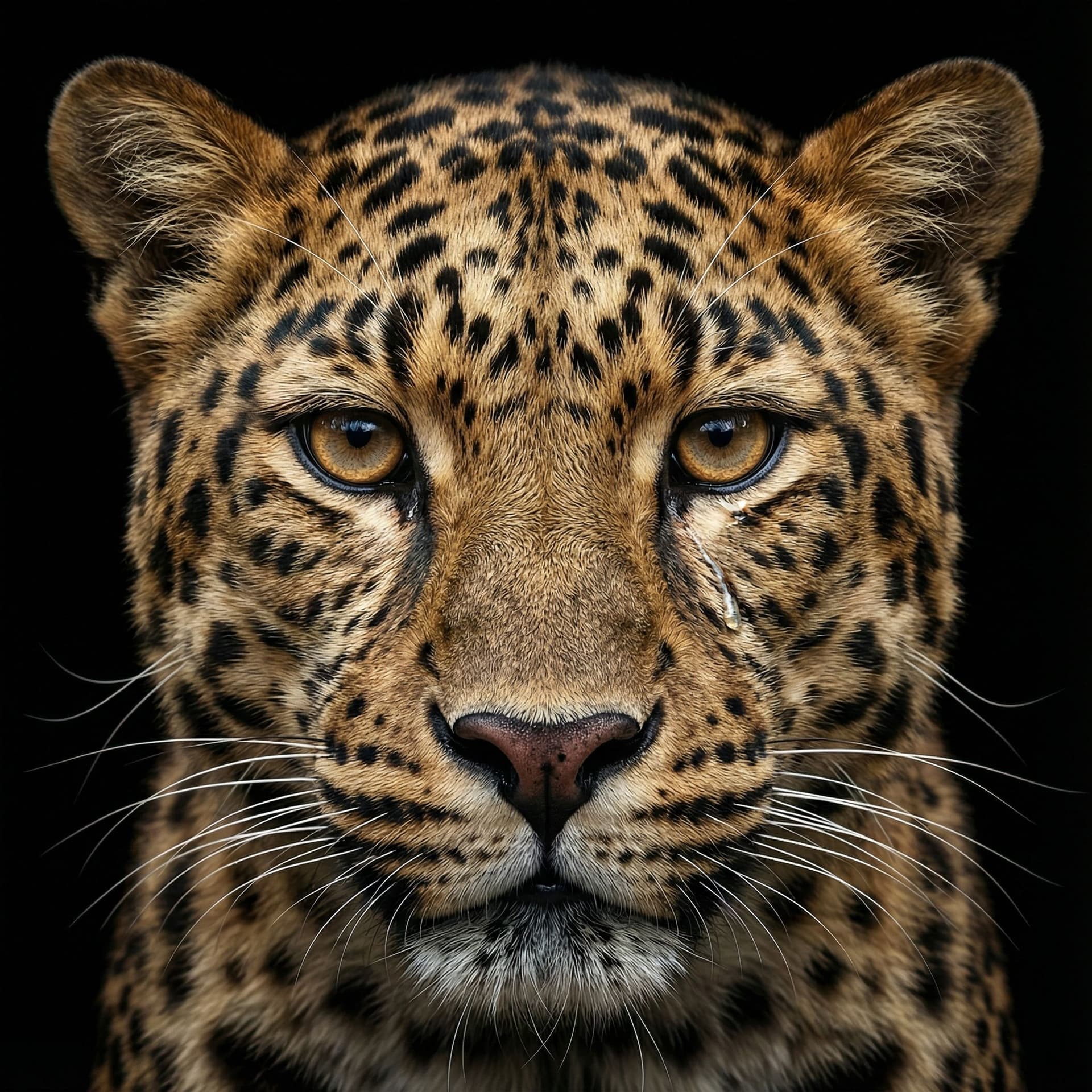 AI generated: Black background, closeup portrait of a Amur leopard with a tear in its eye. hyper-realistic and det...