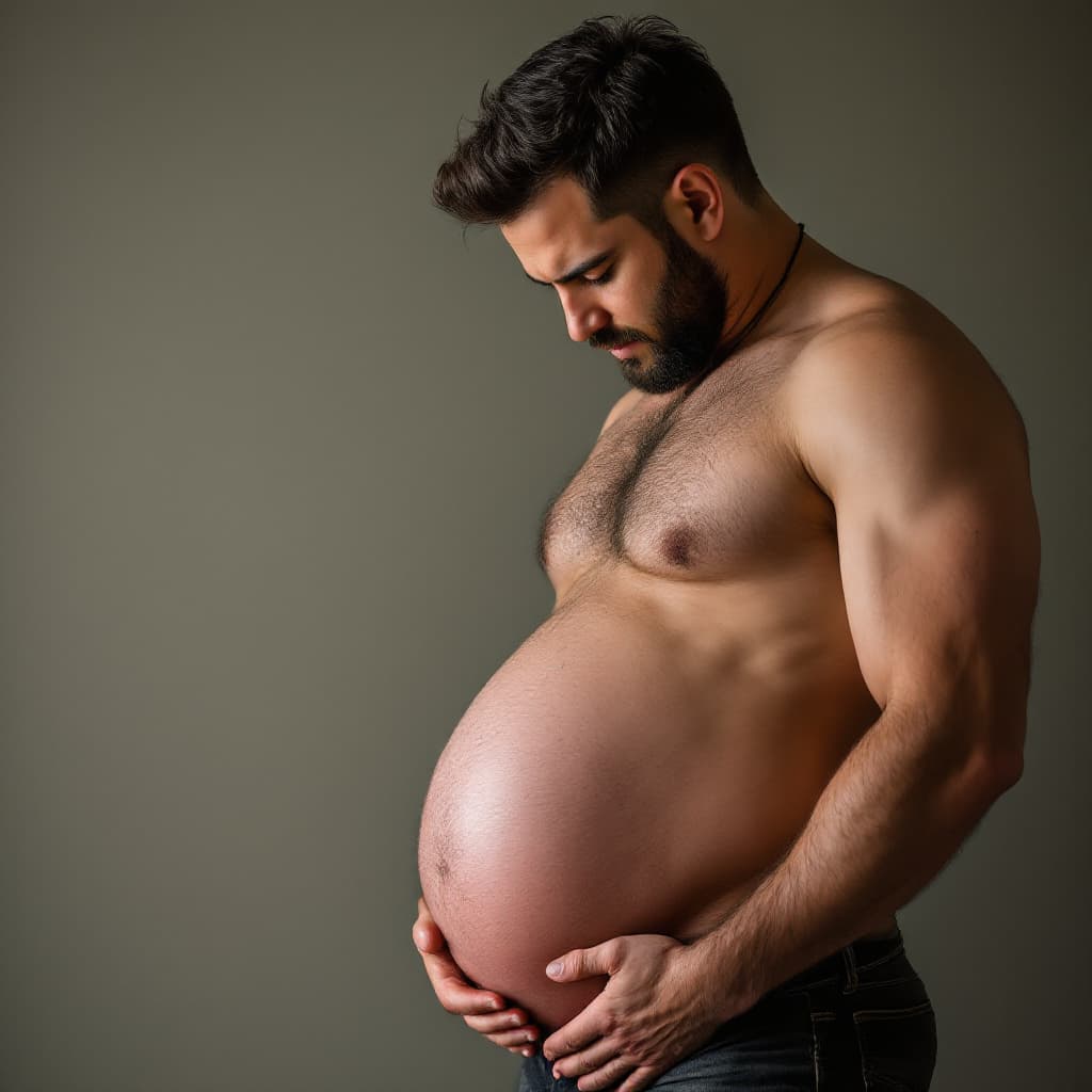AI generated: pregnant man looking down at his big belly naked
