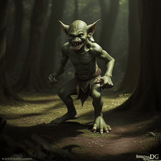 AI generated: good looking, DnD goblin with very big feet in a forest, cinematic light, photorealistic, mystical