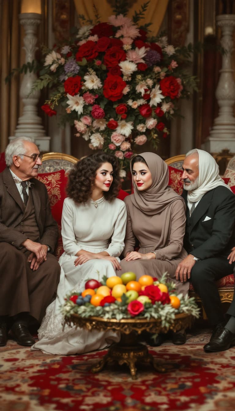 AI generated: The young couple sits inside a traditional Iranian home, surrounded by their two elderly fathers and...