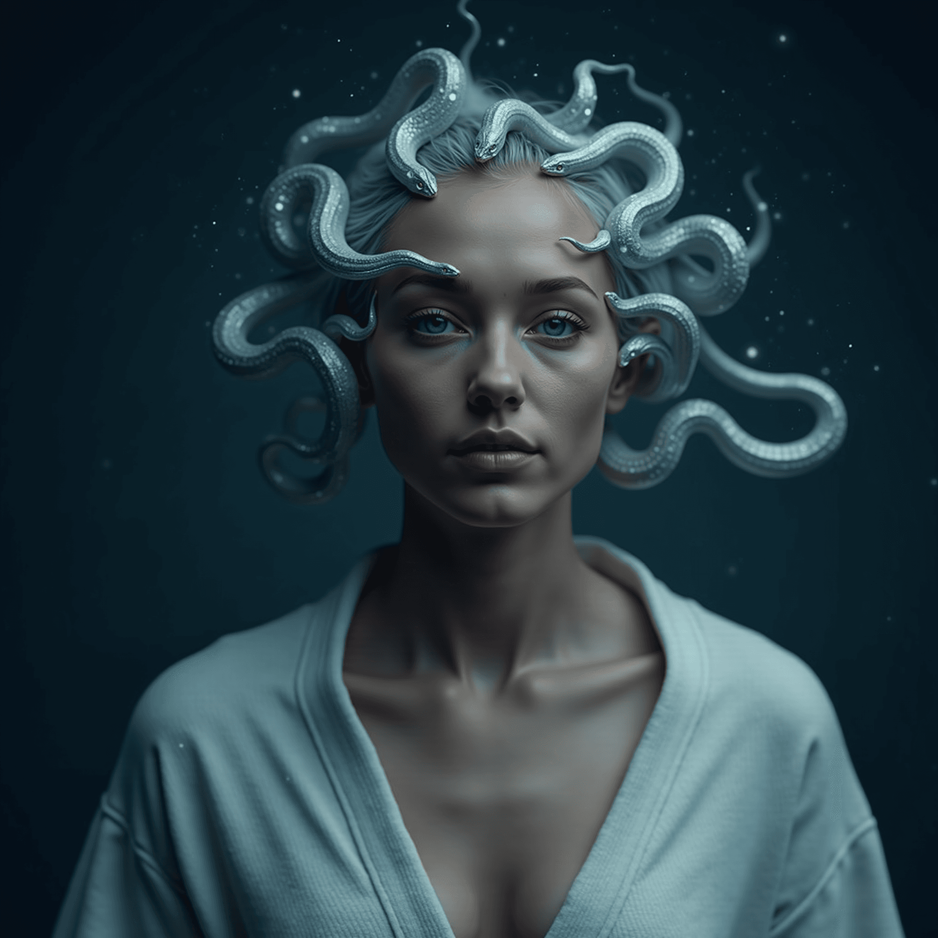 AI generated: A portrait of a futuristic mystic woman, with benevolent cybernetic snakes that resemble flowing, sh...