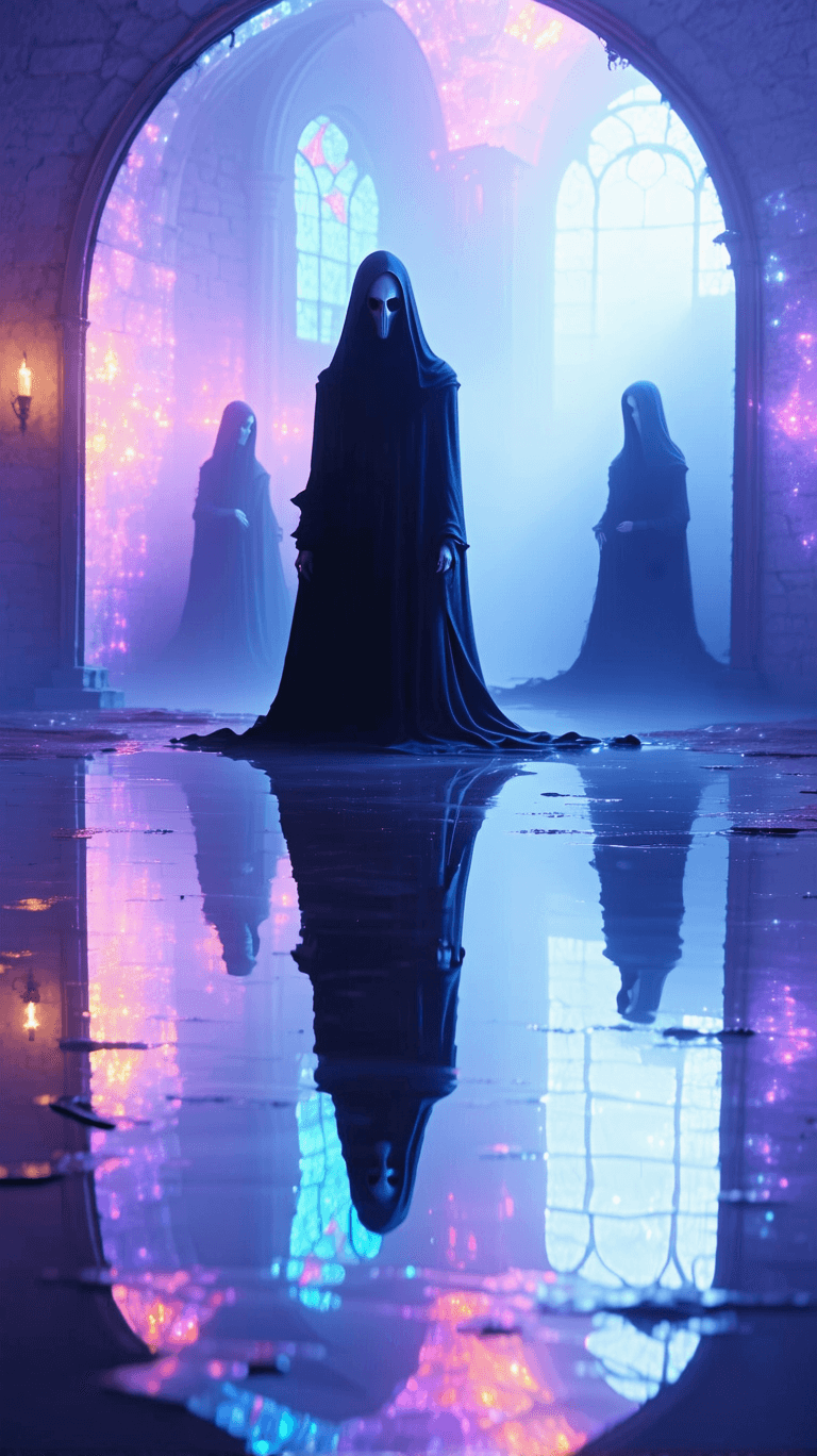 AI generated: Gothic mirror,holographic reflections of ghost and scary human,dissolving silhouettes of human and g...
